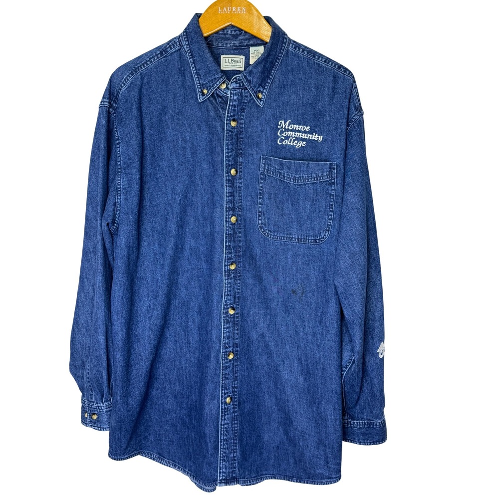 L.L. Bean Denim Button Down Shirt Mens LT Embroidered MCC Blue